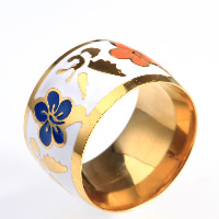 Titanium Steel Finger Ring, gold color plated & enamel 