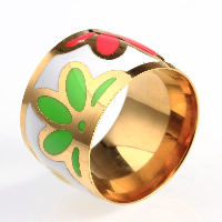 Titanium Steel Finger Ring, gold color plated & enamel 