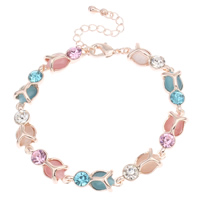 Bracelets Chatoyant, alliage de zinc, avec Oeil de chat, avec 4cm chaînes de rallonge, fleur, Plaqué de couleur d'or rose, avec strass, sans plomb et cadmium Environ 6.5 pouce, Vendu par brin