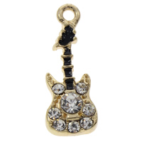 Musikinstrument Zinklegierung Anhänger, Gitarre, goldfarben plattiert, Emaille & mit Strass, frei von Blei & Kadmium, 9x23x4mm, Bohrung:ca. 1.5mm, verkauft von PC