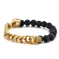 Pulsera en Abalorios de Lava, con acero inoxidable, Calavera, chapado en color dorado, natural & cadenilla, 8.5mm, longitud:aproximado 8.5 Inch, Vendido por Sarta