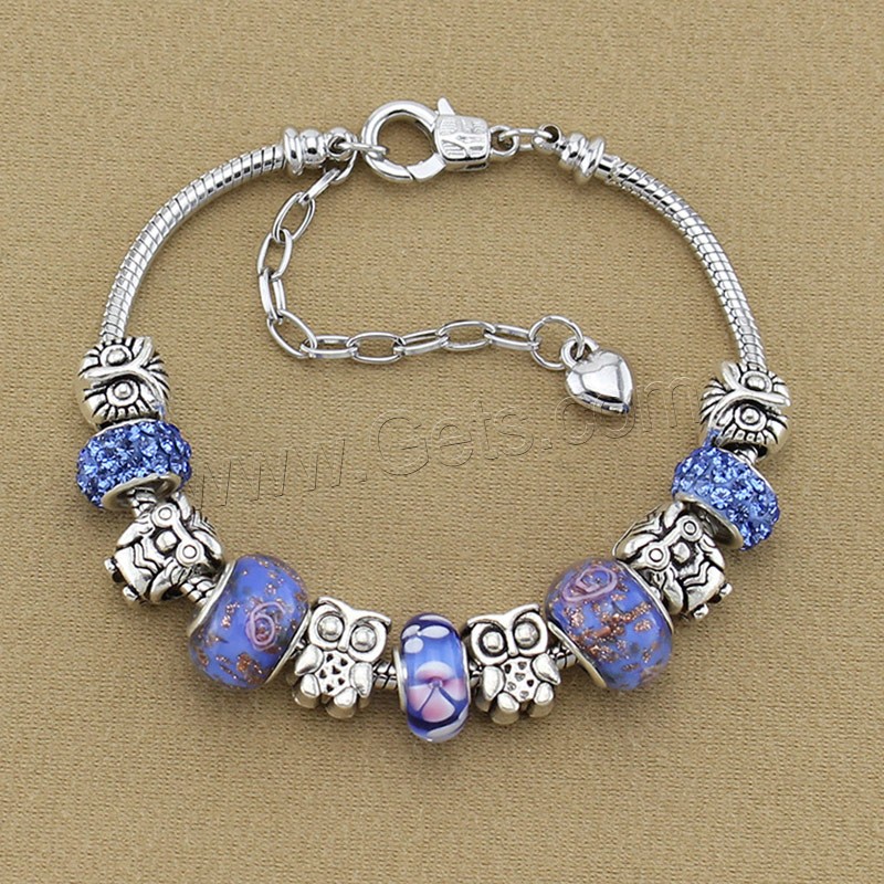 Europeo pulseras de cristal mixto, aleación de zinc, con cadena de latón & Arcilla analiar de diamantes de imitación AB & Cristal de murano, con 2 lnch extender cadena, chapado en color de plata antigua, longitud diferente para la opción, Vendido por Sarta