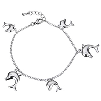 Edelstahl Charm Armband, mit Verlängerungskettchen von 1.5lnch, Dolphin, Armband  Bettelarmband & Oval-Kette, originale Farbe, 10.5x14.5x3.5mm, 14x20x4.5mm, 2.5x3x0.5mm, Länge:ca. 7.3 ZollInch, verkauft von Strang