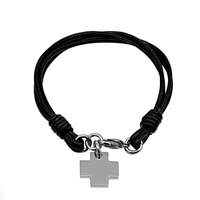 Bracelets de cuir de vachette, cuir de peau de vache, avec acier inoxydable 316L, croix, noire Environ 8.6 pouce, Vendu par brin