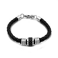 Bracelets de cuir de vachette, cuir de peau de vache, avec caoutchouc & acier inoxydable 316L, avec 0.7lnch chaînes de rallonge, Placage, noire Environ 8 pouce, Vendu par brin