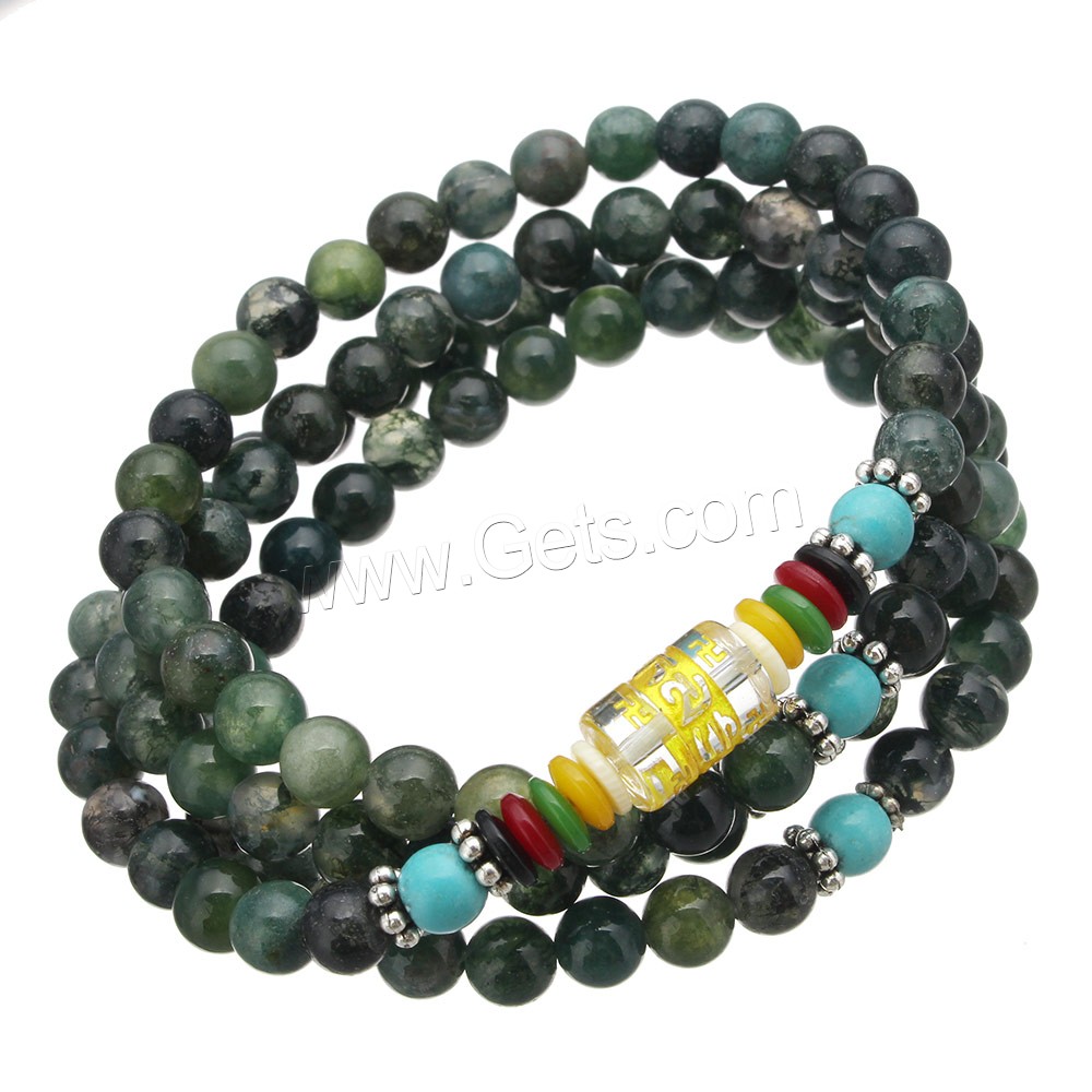 108 Abalorios Mala, Ágata moss, con Turquesa sintético & Cristal & Vidrio & Plástico & aleación de zinc, chapado, longitud diferente para la opción & La joyería budista & diverso tamaño para la opción & incrustacion de oro, 108PCs/Sarta, Vendido por Sarta