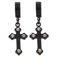 Huggie Hoop Drop Earring, Stainless Steel, Cross, black ionic, with rhinestone 