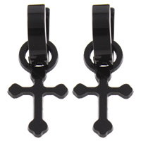 Huggie Hoop Drop Earring, Stainless Steel, Cross, black ionic, detachable 