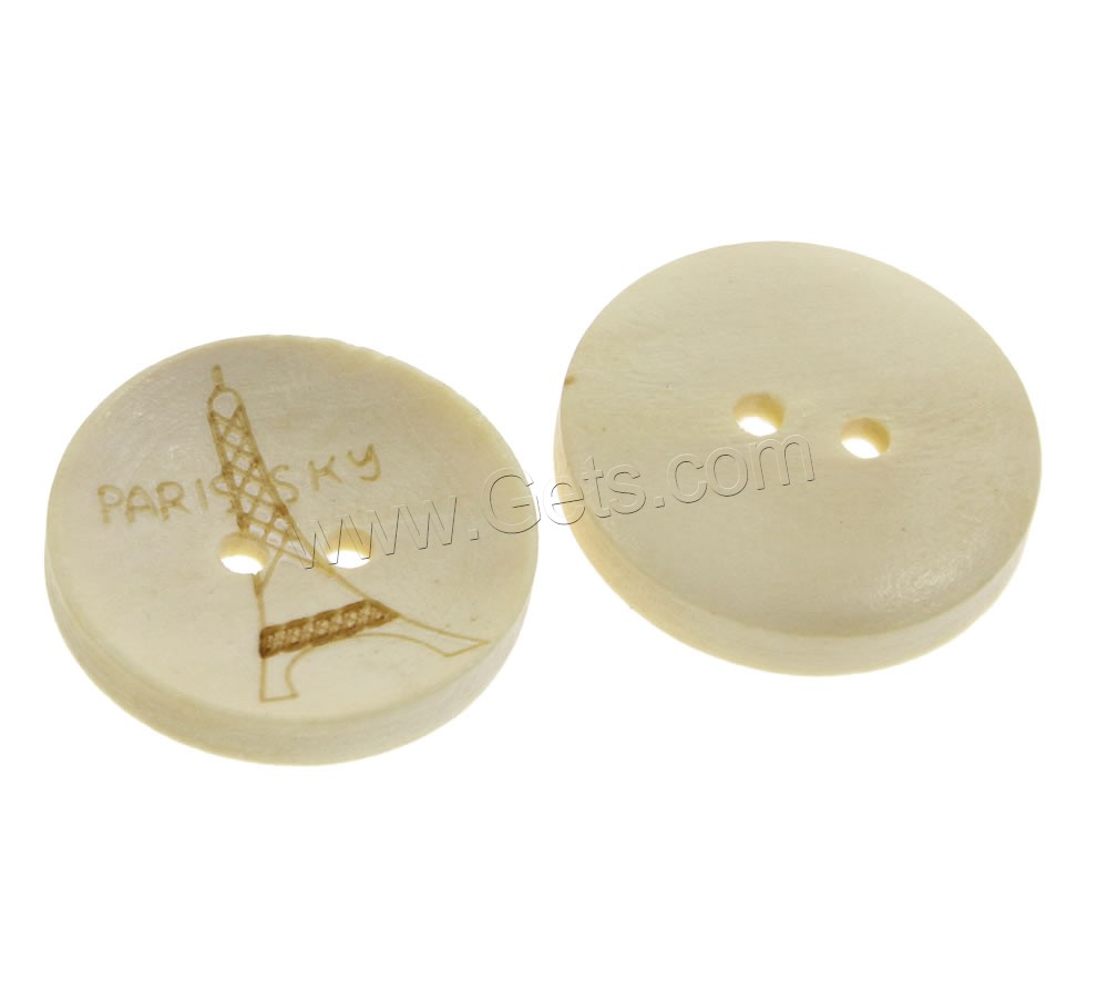 boutons en bois à deux troux, Plat rond, impression & normes différentes pour le choix & avec le motif de lettre, beige, Trou:Environ 1mm, 1000PC/sac, Vendu par sac