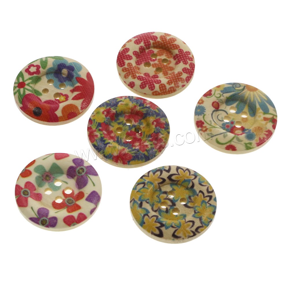 4 Hole Wood Button, Flat Round, printing & mixed pattern & different size for choice, Hole:Approx 1mm, 1000PCs/Bag, Sold By Bag