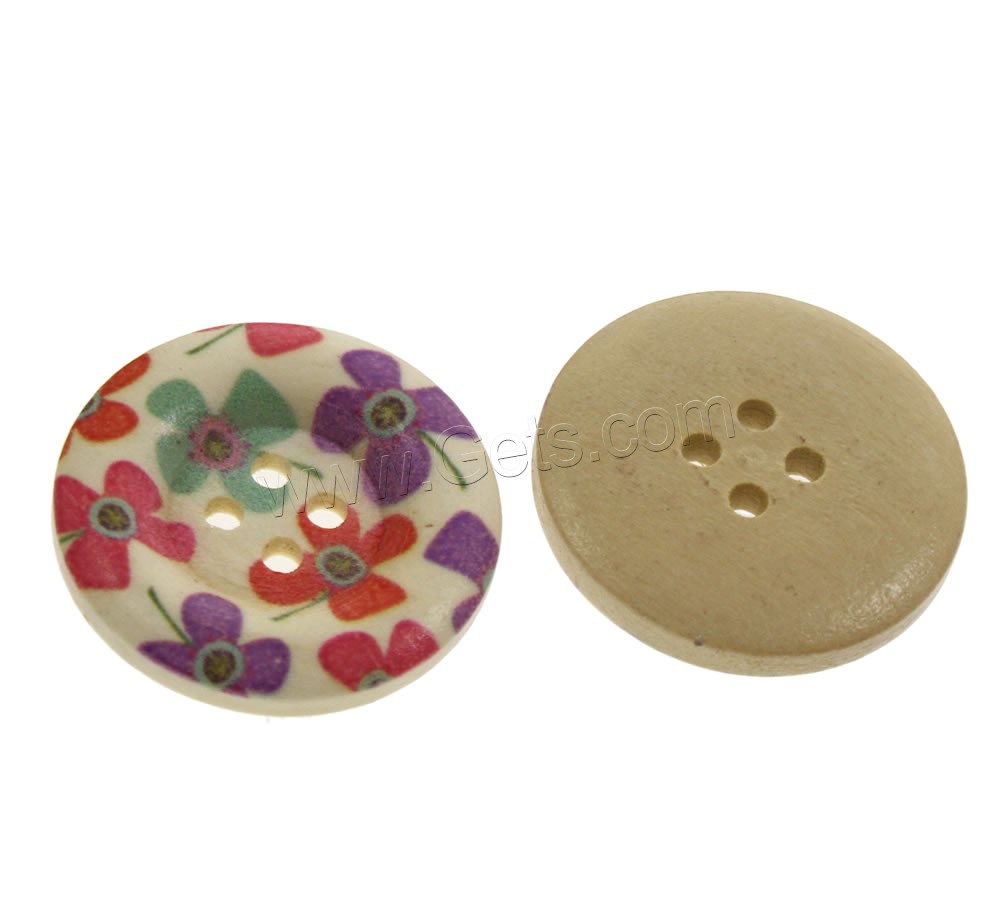 4 Hole Wood Button, Flat Round, printing & mixed pattern & different size for choice, Hole:Approx 1mm, 1000PCs/Bag, Sold By Bag