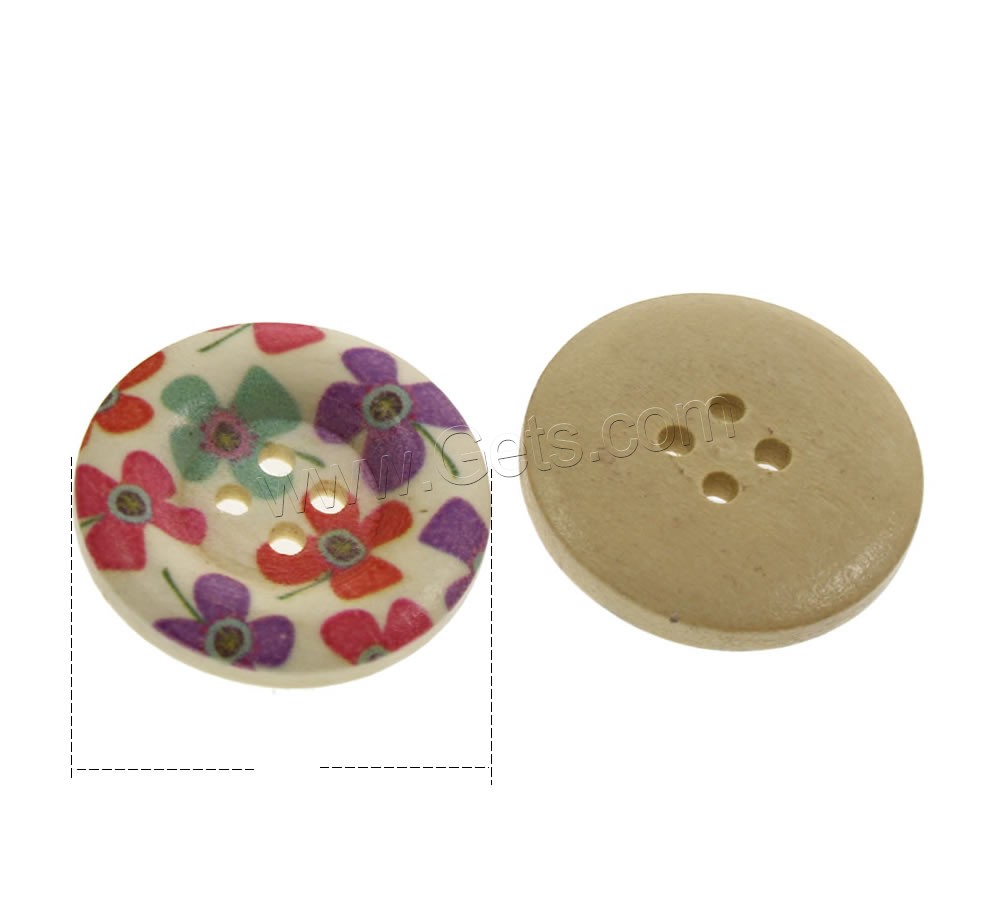 4 Hole Wood Button, Flat Round, printing & mixed pattern & different size for choice, Hole:Approx 1mm, 1000PCs/Bag, Sold By Bag