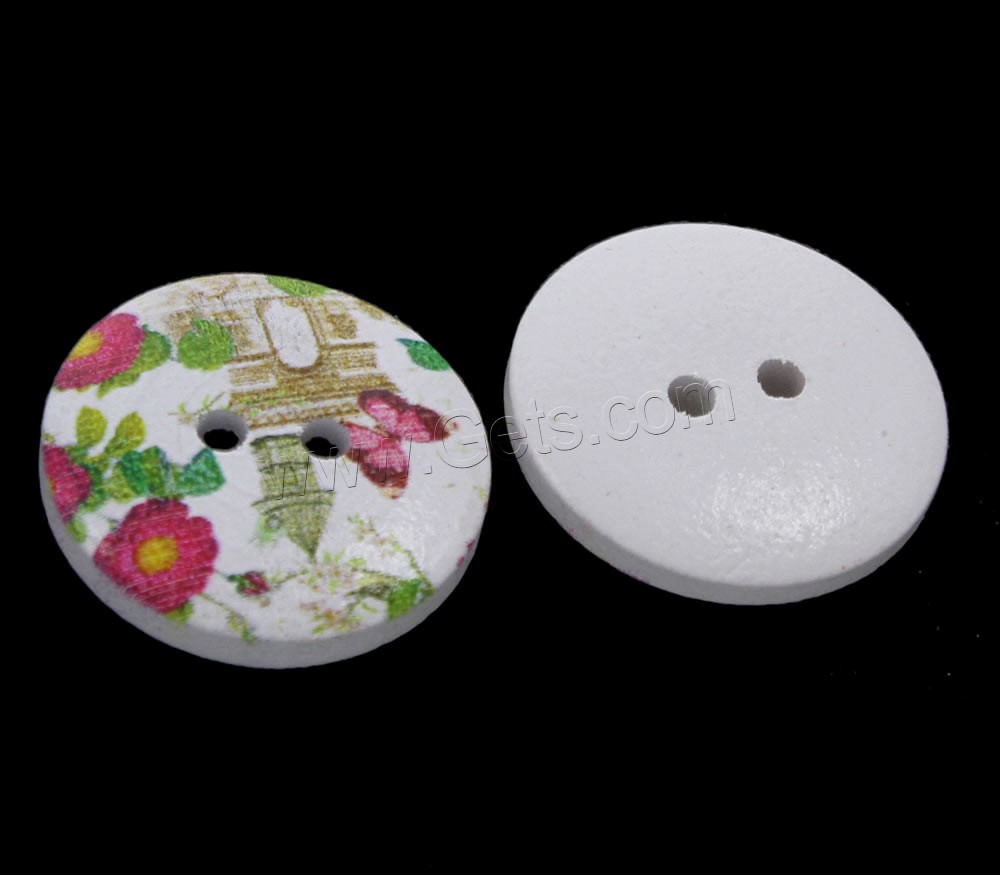 2 Hole Wood Button, Flat Round, printing & different size for choice, multi-colored, Hole:Approx 1mm, 1000PCs/Bag, Sold By Bag