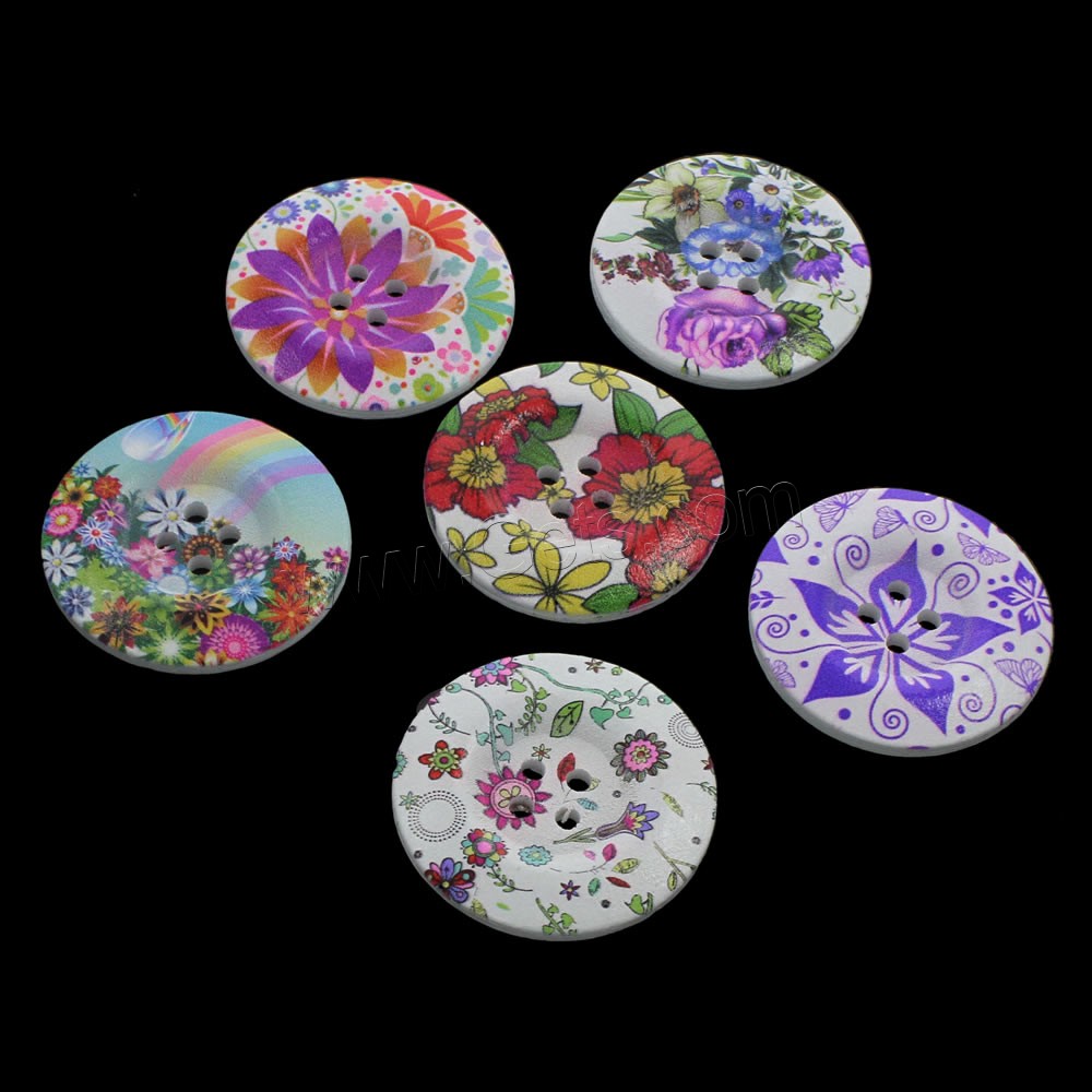 4 Hole Wood Button, Flat Round, printing & mixed pattern & different size for choice, Hole:Approx 1mm, 1000PCs/Bag, Sold By Bag