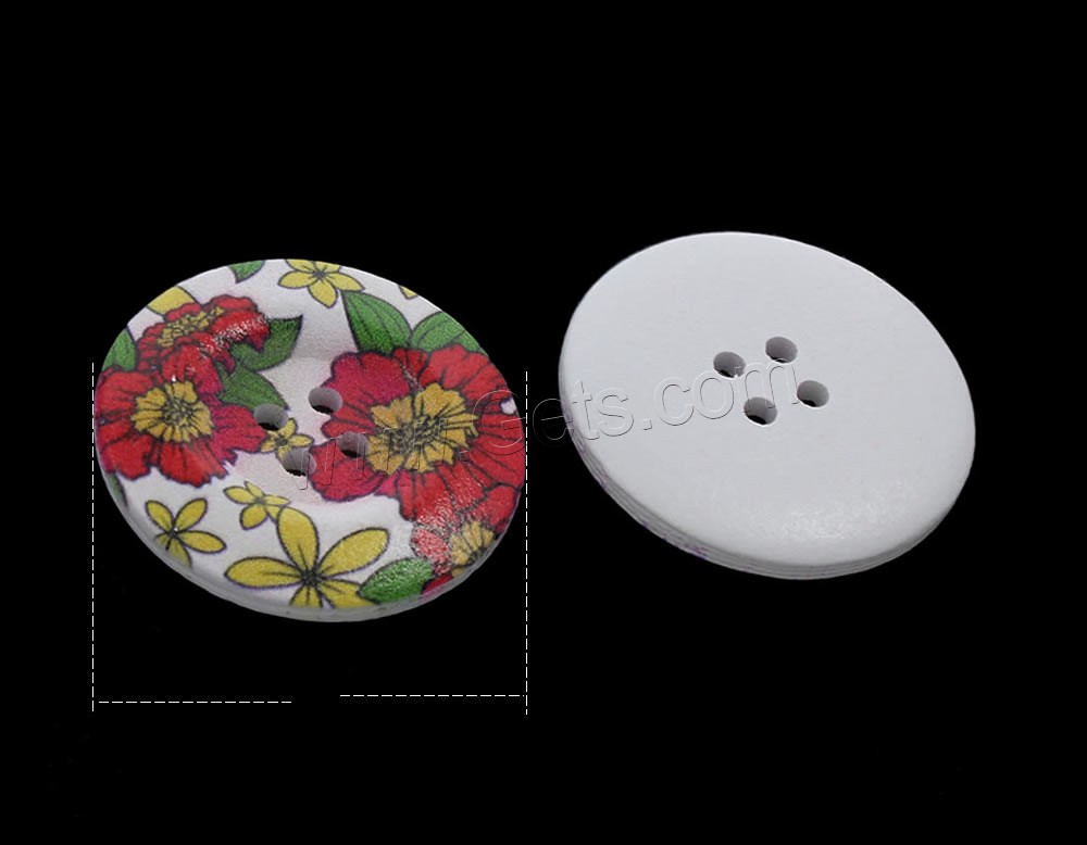 4 Hole Wood Button, Flat Round, printing & mixed pattern & different size for choice, Hole:Approx 1mm, 1000PCs/Bag, Sold By Bag