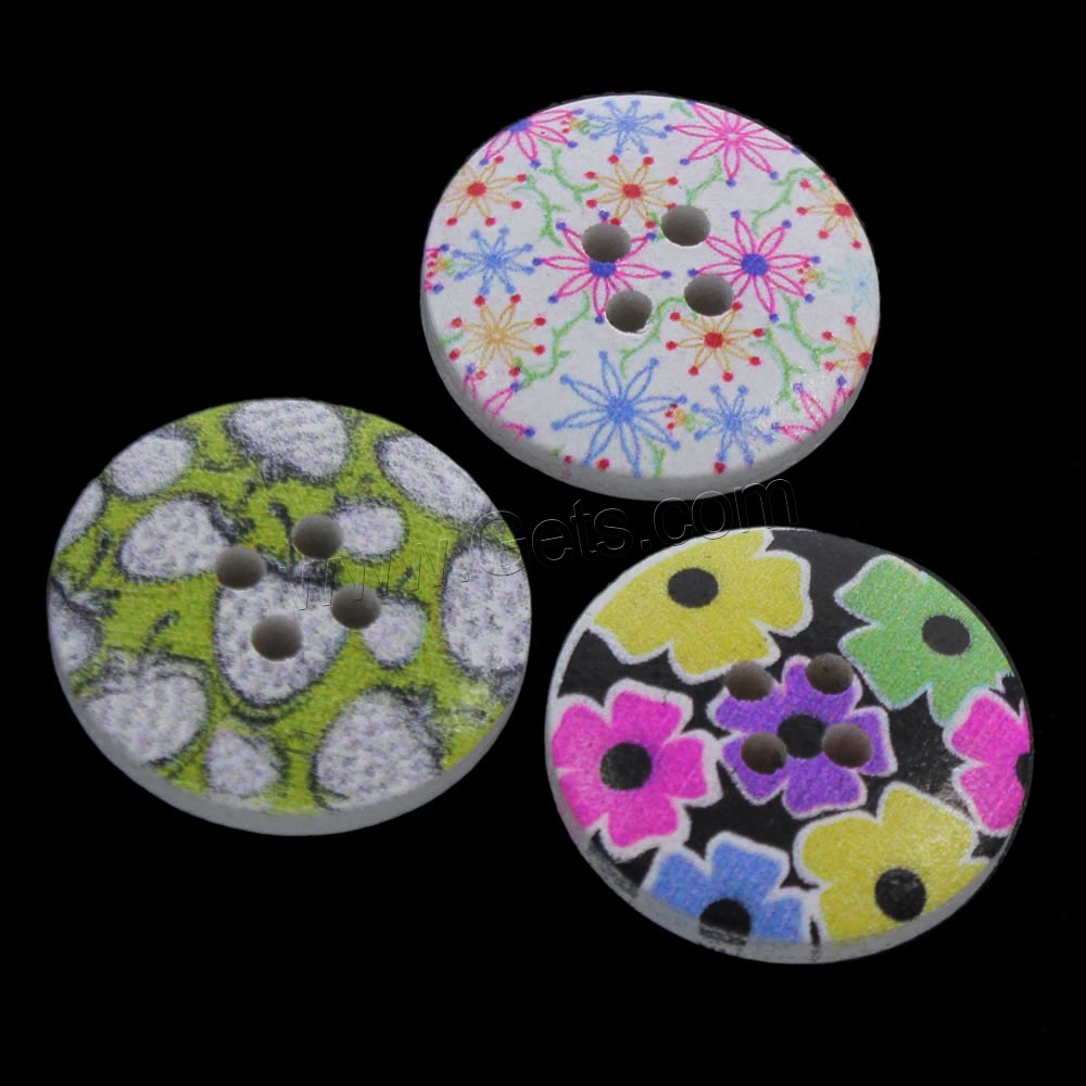 4 Hole Wood Button, Flat Round, printing & mixed pattern & different size for choice, Hole:Approx 1mm, 1000PCs/Bag, Sold By Bag