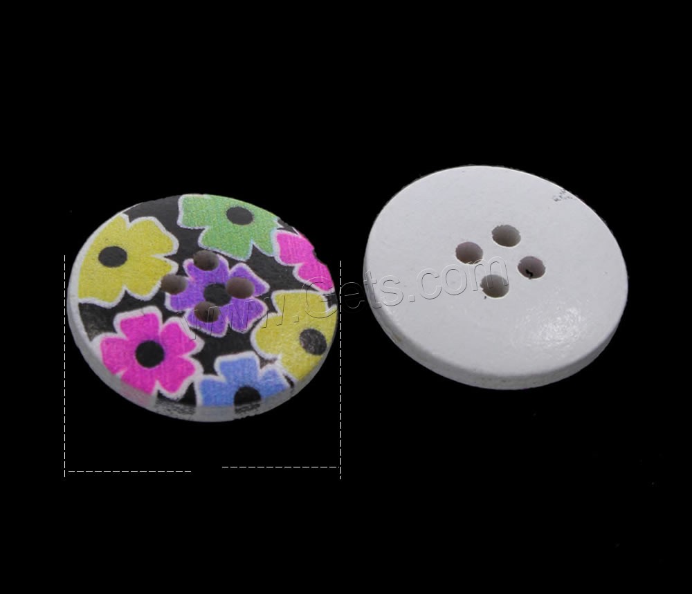 4 Hole Wood Button, Flat Round, printing & mixed pattern & different size for choice, Hole:Approx 1mm, 1000PCs/Bag, Sold By Bag