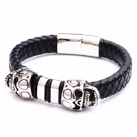 Los hombres de la pulsera y del brazalete, Partículas de acero, con Cuero de PU & silicona, Calavera, para hombre & ennegrezca, 11mm, longitud:aproximado 8 Inch, Vendido por Sarta