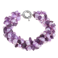 Collier de perles d'eau douce , perle d'eau douce cultivée, avec améthyste & laiton, Baroque, Février Birthstone, violet, 8-9mm Environ 16.5 pouce, Vendu par brin