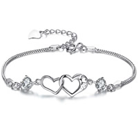 Cubes bracelets en laiton zircone, avec 2.5cm chaînes de rallonge, coeur, Plaqué d'argent, avec zircone cubique, sans plomb et cadmium, 165mm Environ 8 pouce, Vendu par brin