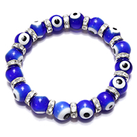 Evil Eye Lampwork Bracelets, with rhinestone brass spacer, platinum color plated, Islamic jewelry & for woman, blue, 9.5mm Approx 7.5 Inch 