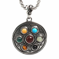 Gemstone Jewelry Pendant, Titanium Steel, with Gemstone, Flat Round, blacken, 30mm Approx 3-5mm 