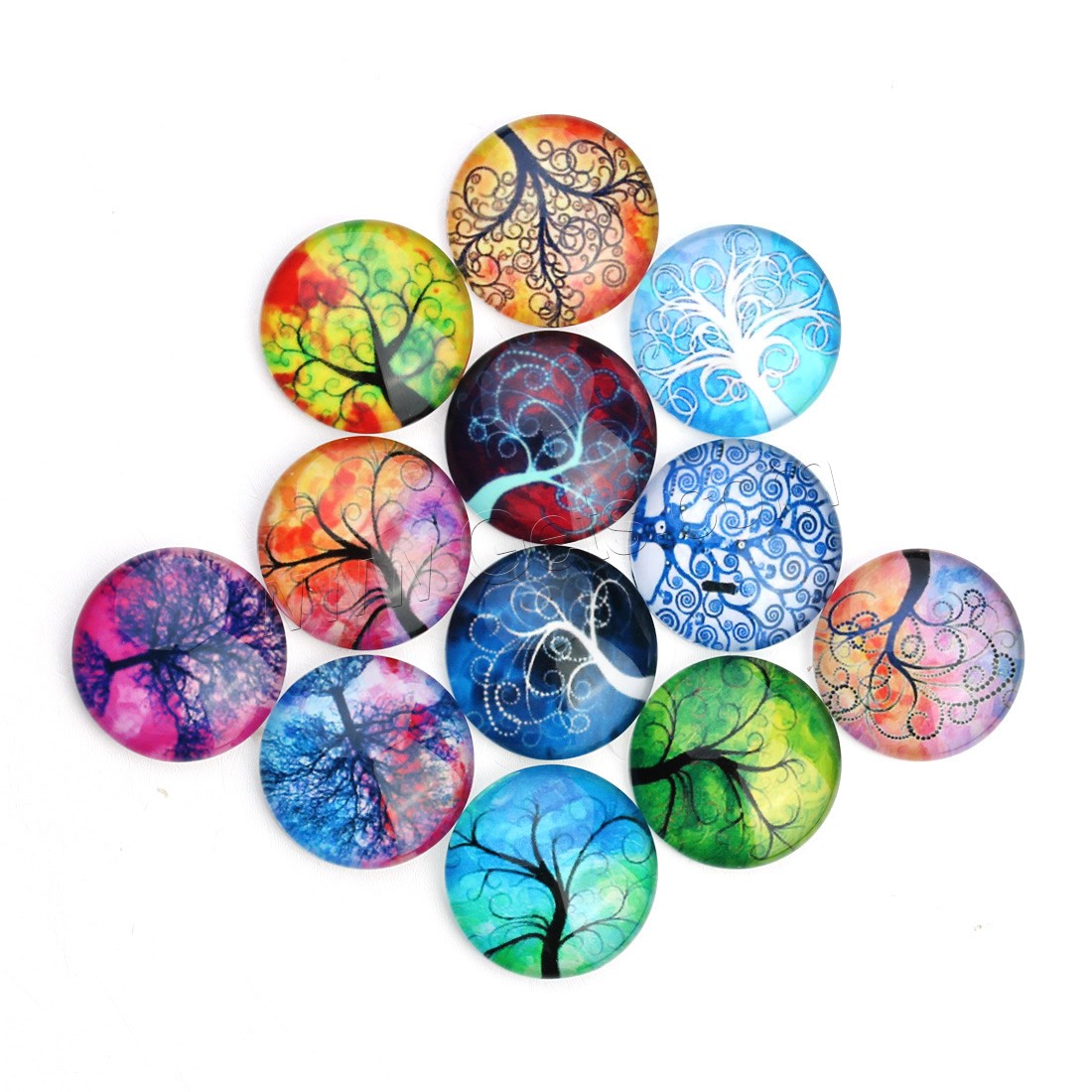 Time Gem Cabochon, Glass, Flat Round, tree of life design & time gem jewelry & mixed pattern & different size for choice & flat back & decal, 20PCs/Bag, Sold By Bag