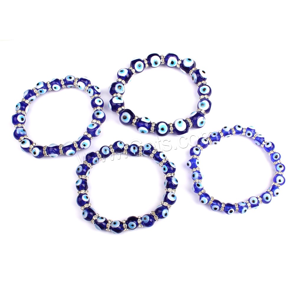 Pulseras de cristal de murano mal de ojo ., con espaciador de diamantes de imitación de hierro, ojo de malvado, chapado en color de platina, hecho a mano & diverso tamaño para la opción & para mujer, longitud:aproximado 7 Inch, Vendido por Sarta