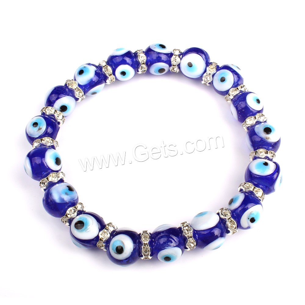 Evil Eye Lampwork Bracelets, with iron rhinestone spacer, platinum color plated, handmade & different size for choice & for woman, Length:Approx 7 Inch, Sold By Strand