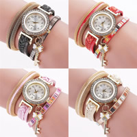 Reloj Wrap, Cuero de PU, con Vidrio & aleación de zinc, movimiento chino, Llave, chapado en color dorado, pulsera trenzada & para mujer & 5-aro & esmalte & con diamantes de imitación, más colores para la opción, 25mm, 20mm, longitud:aproximado 15.7 Inch, Vendido por Sarta