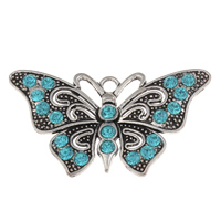 Colgantes Animales de Aleación de Zinc, Mariposa, chapado en color de plata antigua, con diamantes de imitación, libre de plomo & níquel, 67x37x4mm, agujero:aproximado 4mm, Vendido por UD