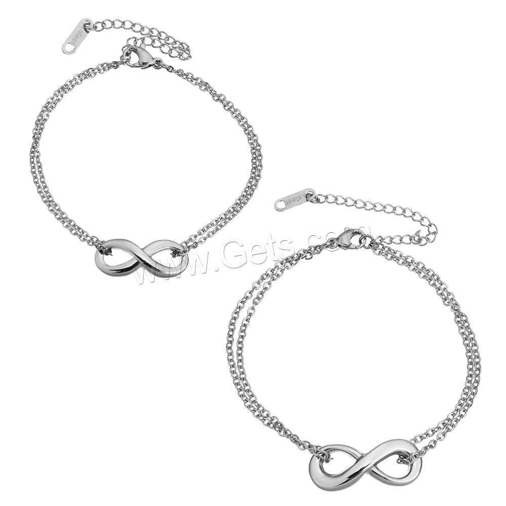 Stainless Steel Chain Bracelets, with 2.5lnch extender chain, Infinity, different size for choice & oval chain & for woman & 2-strand, original color, Sold By Strand