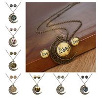 Fashion Zinc Alloy Jewelry Sets, sweater chain necklace & earring, with Paper, 316L stainless steel earring hook, with 2.8lnch extender chain, Moon, antique bronze color plated, oval chain & epoxy gel & hollow 14mm Approx 24 Inch 