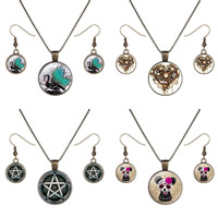 Fashion Zinc Alloy Jewelry Sets, earring & necklace, with Paper, 316L stainless steel earring hook, Flat Round, antique bronze color plated, ball chain & epoxy gel  Approx 19.49 Inch 