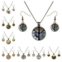 Fashion Zinc Alloy Jewelry Sets, earring & necklace, with Paper, 316L stainless steel earring hook, Flat Round, antique bronze color plated, ball chain & epoxy gel  Approx 19.49 Inch 