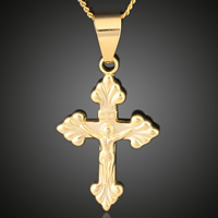 Colgantes de Cruces de latón, metal, Cruz del crucifijo, chapado en oro de 18 K, Joya cristiana & con el patrón de la letra, libre de plomo & cadmio, 17x36mm, agujero:aproximado 3-5mm, Vendido por UD