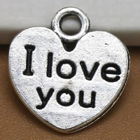 Colgantes de Aleación de Zinc en Forma de Corazón, palabra te amo, chapado en color de plata antigua, libre de plomo & cadmio, 12x11mm, agujero:aproximado 1.5mm, 100PCs/Bolsa, Vendido por Bolsa