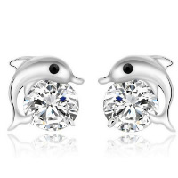 Boucles d'oreilles en laiton zircon cubique, dauphin, Plaqué de platine, pour femme & avec zircone cubique Vendu par paire