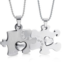 acier inoxydable Collier Puzzle Couple, chaîne à billes & avec le motif de lettre & avec strass, couleur originale Environ 23.6 pouce é, Vendu par fixé