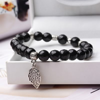 Terre rare noire bracelet, avec alliage de zinc, feuille, Plaqué de couleur d'argent, bracelet à breloques & normes différentes pour le choix & pour femme, sans plomb et cadmium Environ 6.5 pouce, Vendu par brin