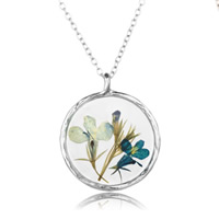 Floating Charm Necklace, Zinc Alloy, with Dried Flower & iron chain & Glass, Flat Round, platinum color plated, oval chain & for woman, lead & cadmium free Approx 23.5 Inch 