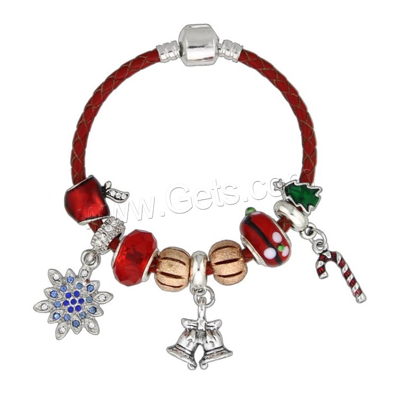 Bracelet de Noël en alliage zinc, alliage de zinc, avec vachette cordon & cristal & chalumeau, Placage, bracelet à breloques & longueur différente pour le choix & Bijoux de Noël & pour femme & émail & avec strass, Vendu par brin