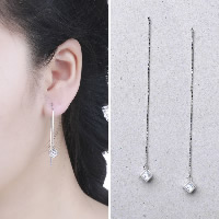 Hilo de plata esterlina través Pendientes, plata de ley 925, plata esterlina aguja de pendiente, Cúbico, para mujer & con circonia cúbica, 5x5mm, 70mm, Vendido por Par