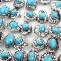 Unisex Finger Ring, Zinc Alloy, with Synthetic Turquoise, antique silver color plated, mixed, lead & cadmium free - US Ring 