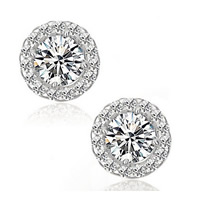 Zircon cubique (CZ) Stud Earring, laiton, Plat rond, Plaqué d'argent, pour femme & avec zircone cubique, sans plomb et cadmium, 8-10mm, Vendu par paire