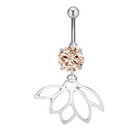 Stainless Steel Belly Ring, with zinc alloy pendant, Lotus, plated, for woman & with cubic zirconia 