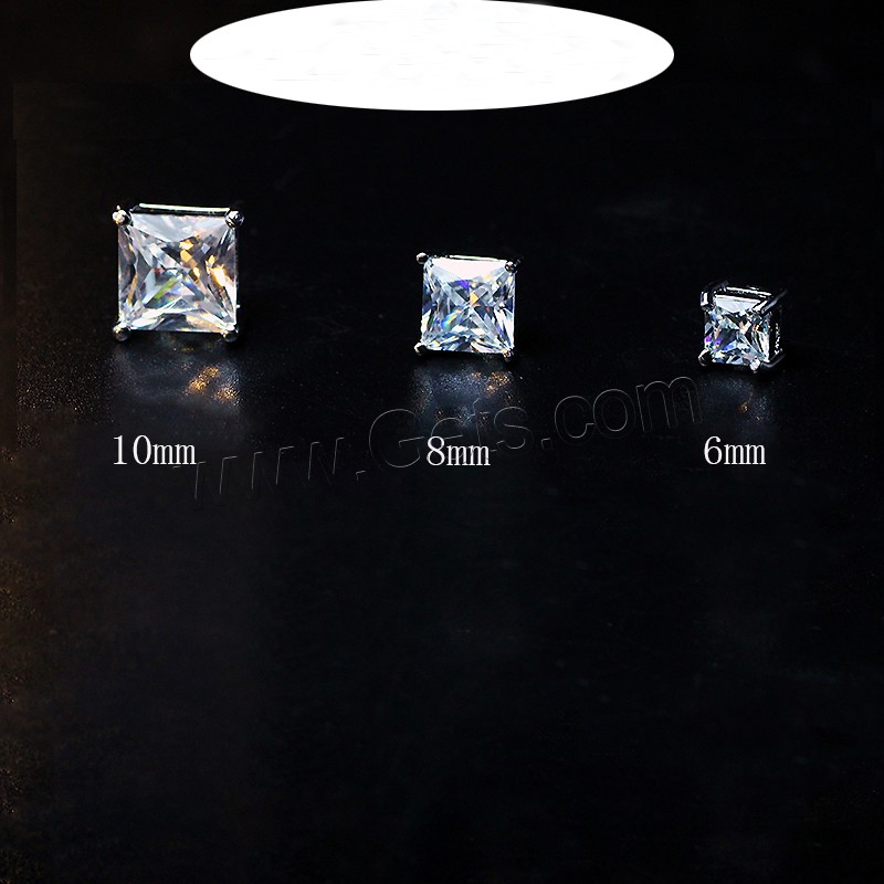 Magnetic Earring, Zinc Alloy, with Cubic Zirconia, brass post pin, Square, platinum color plated, different size for choice, Sold By Pair