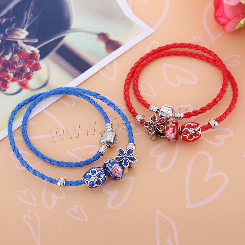 Lampwork Armbänder, Lederband, mit Lampwork & Zinklegierung, unterschiedliche Länge der Wahl & für Frau & mit Strass & 2 strängig, keine, 170-210mm, 3StrangStrang/Tasche, verkauft von Tasche