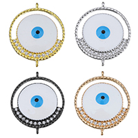 Connecteur de verre, laiton, Plat rond, Placage, motif de mauvais œil & pavé de micro zircon & émail & boucle de 1/1, plus de couleurs à choisir Environ 2mm, Vendu par PC