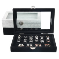 Velvet Ring Box, Velveteen, with Glass & Wood & Zinc Alloy, Rectangle, platinum color plated 